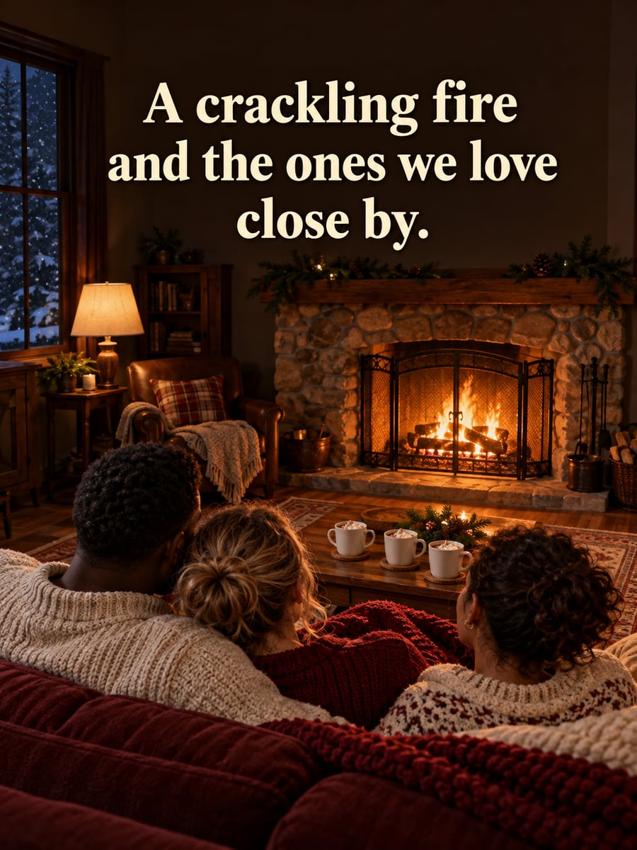 Christmas Eve greeting image: fireplace, sofa, family, knit throw. It says “A crackling fire” and “and the ones we love close by.”