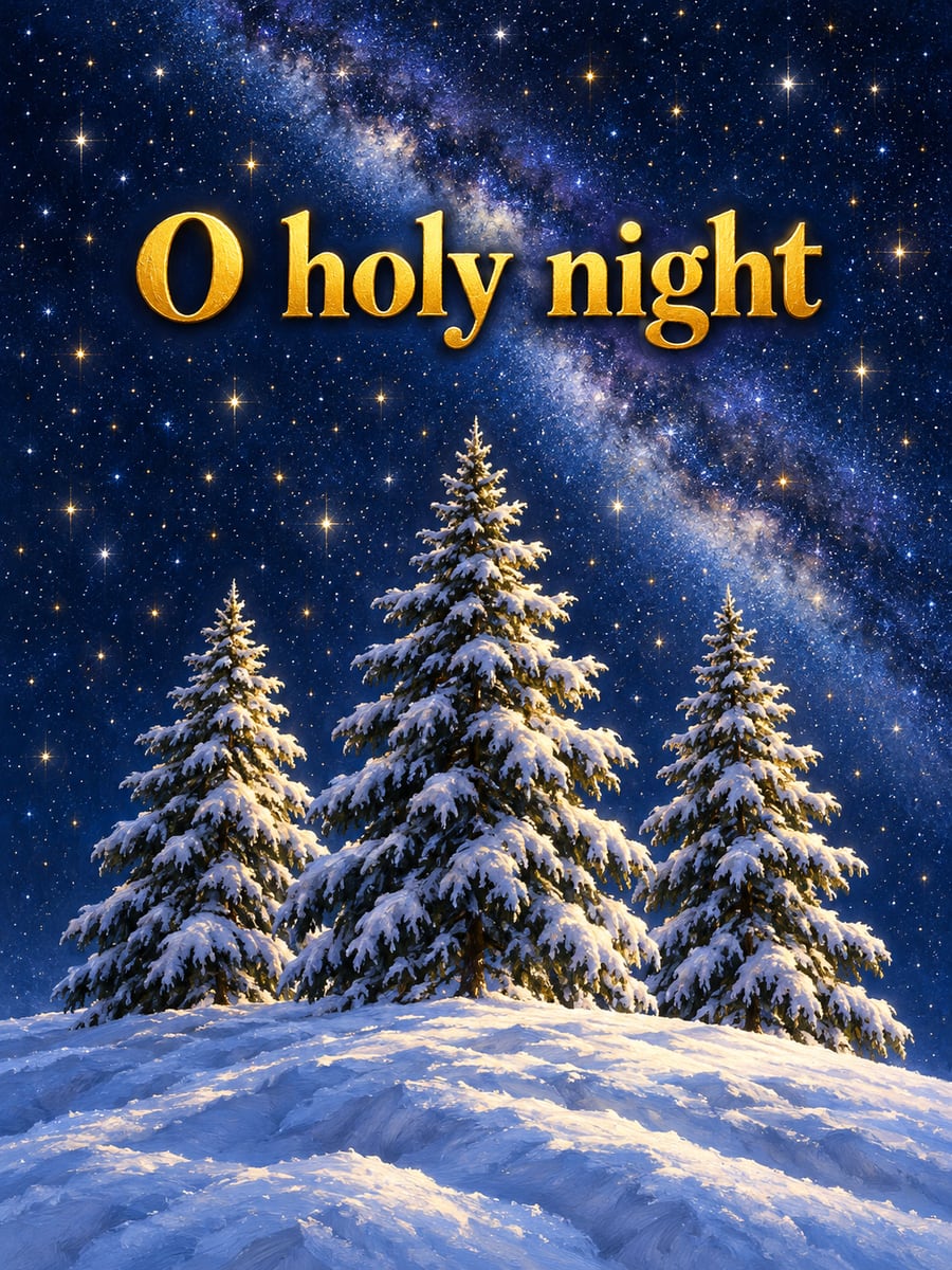 Christmas Eve greeting image: pines, hilltop, stars, snow. It says “O holy night”