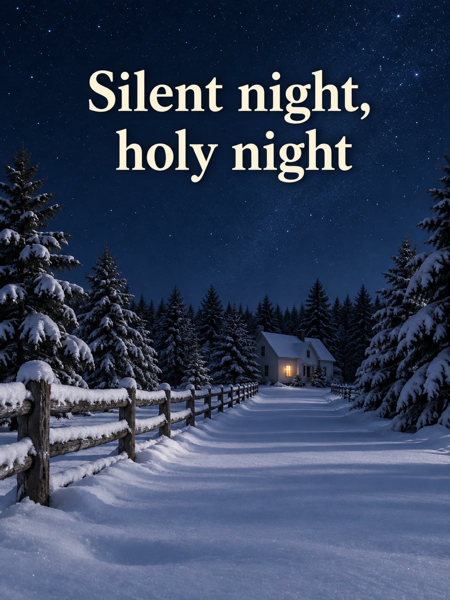 Christmas Eve greeting image: snowy lane, fence, pines, farmhouse. It says “Silent night, holy night”