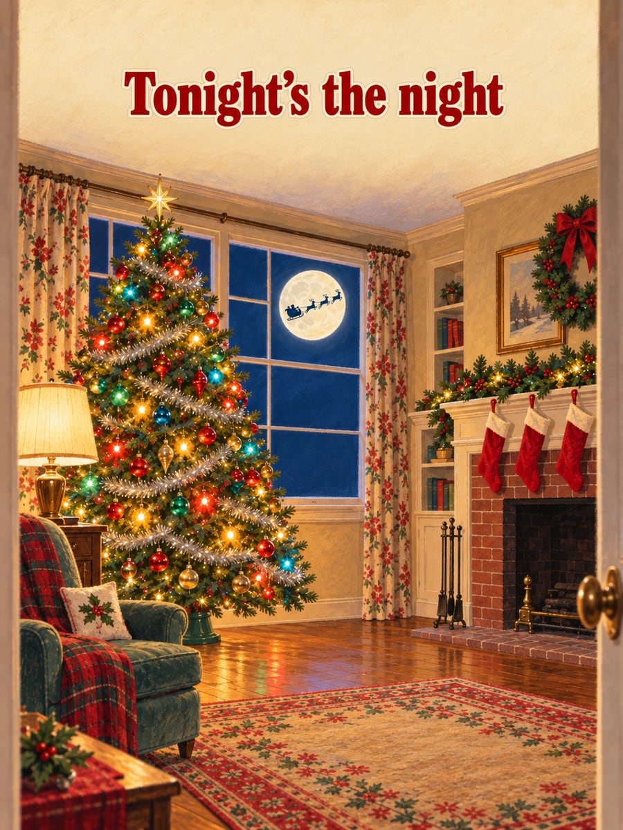 Christmas Eve greeting image: Christmas tree, fireplace, window, moon. It says “Tonight’s the night”