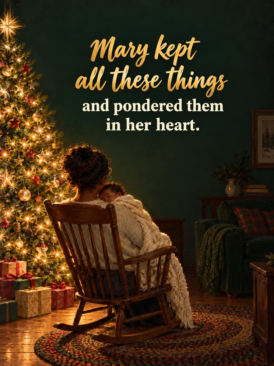 Christmas Eve greeting image: Christmas tree, mother, baby, rocking chair. It says “Mary kept all these things” and “and pondered them in her heart.”