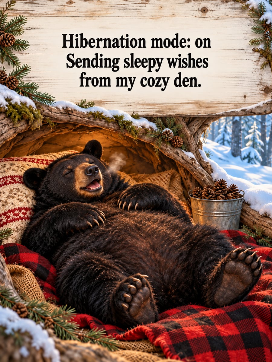 Holiday greeting image: black bear, den, blanket, pillow. It says “Hibernation mode: on” and “Sending sleepy wishes from my cozy den.”