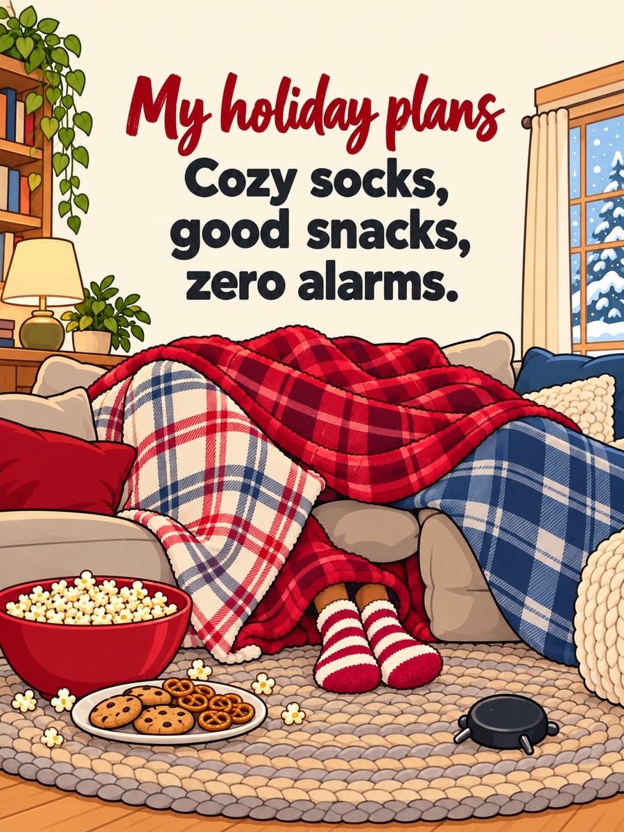 Holiday greeting image: blanket fort, socks, popcorn, alarm clock. It says “My holiday plans” and “Cozy socks, good snacks, zero alarms.”