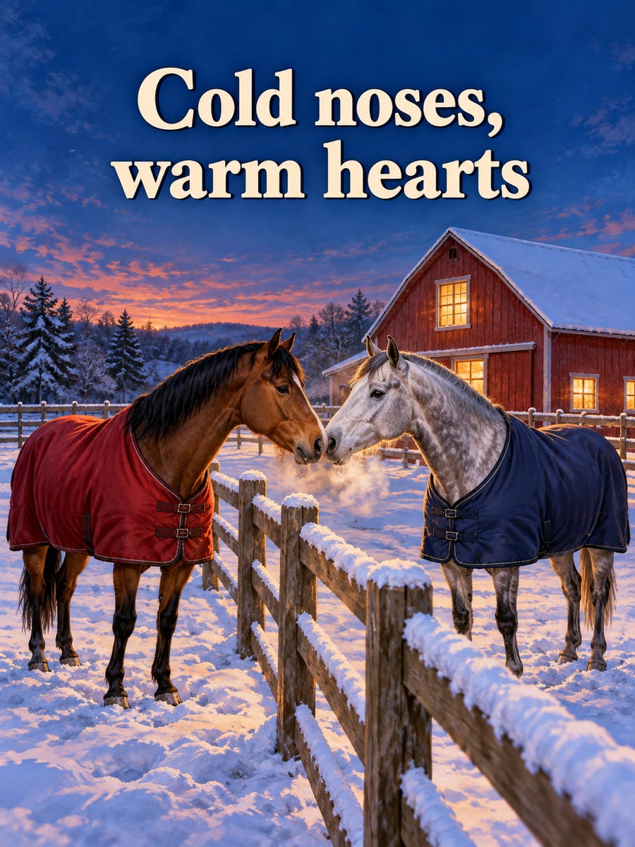 Holiday greeting image: horses, fence, barn, snow. It says “Cold noses, warm hearts”
