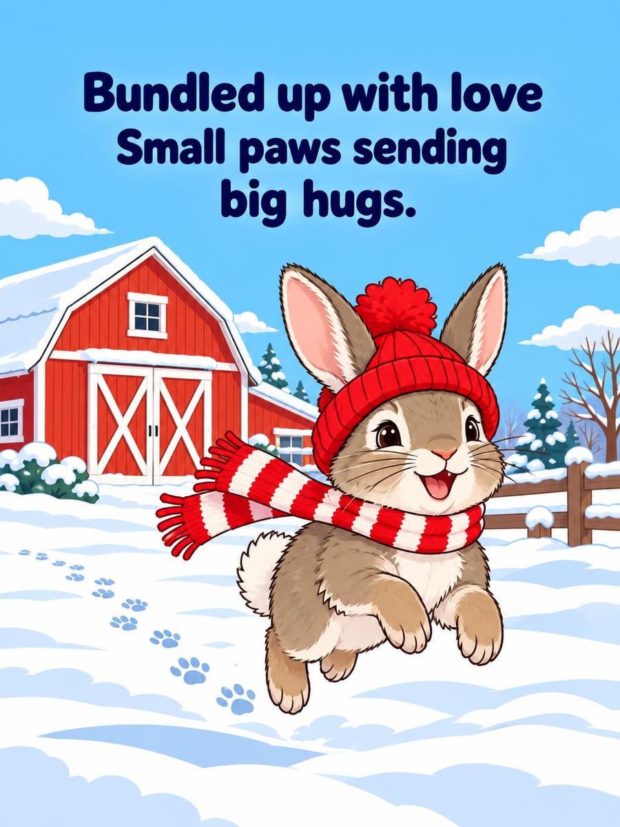 Holiday greeting image: bunny, barn, snow, scarf. It says “Bundled up with love” and “Small paws sending big hugs.”