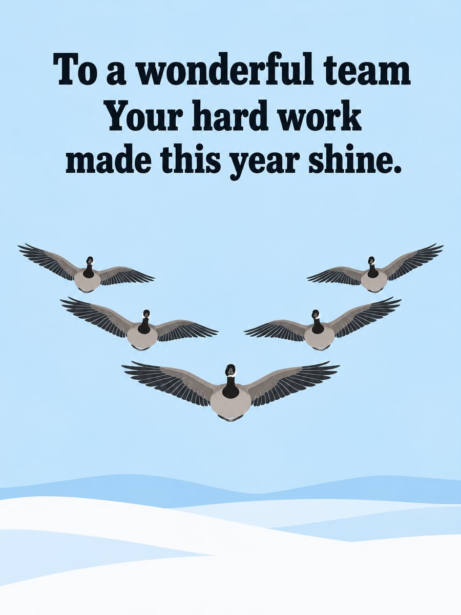 Holiday greeting image: geese, hills, snow. It says “To a wonderful team” and “Your hard work made this year shine.”