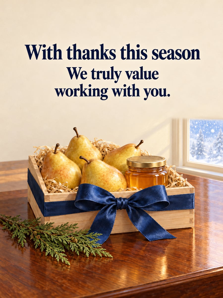 Holiday greeting image: pears, honey, crate, ribbon. It says “With thanks this season” and “We truly value working with you.”