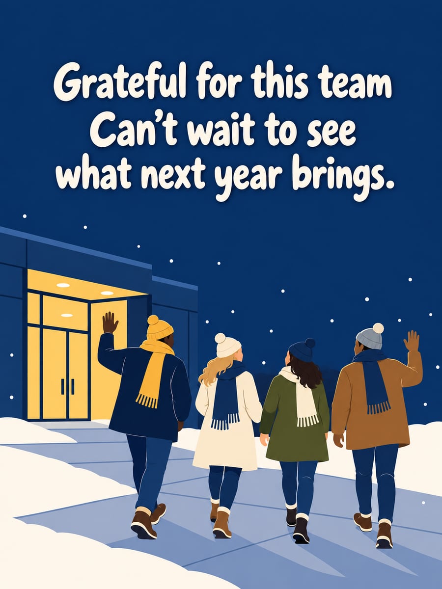 Holiday greeting image: coworkers, snow, coats, scarves. It says “Grateful for this team” and “Can’t wait to see what next year brings.”