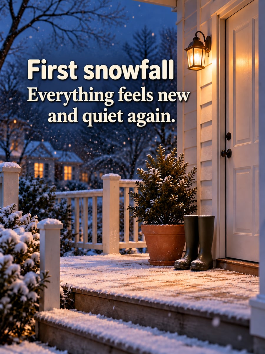Holiday greeting image: porch, boots, porch light, snowflakes. It says “First snowfall” and “Everything feels new and quiet again.”
