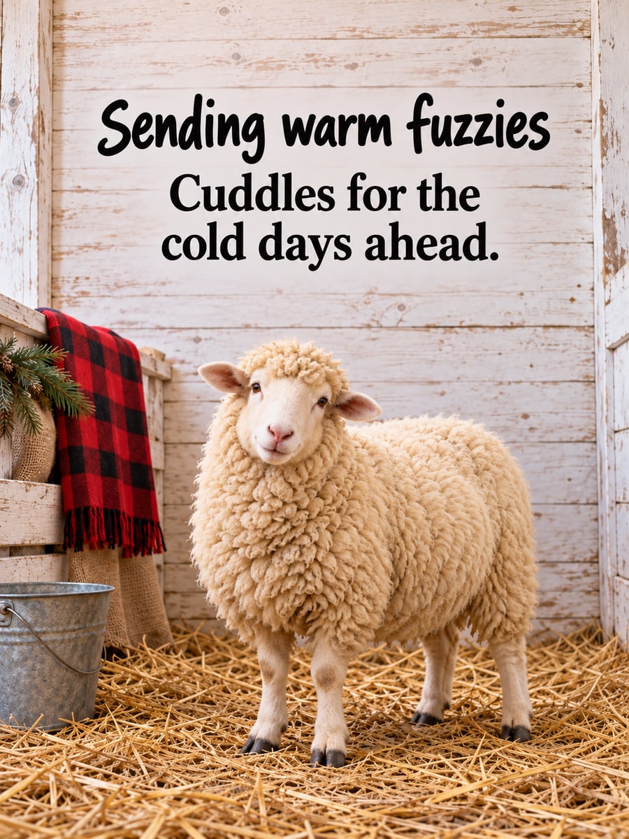Holiday greeting image: sheep, barn stall, blanket, straw. It says “Sending warm fuzzies” and “Cuddles for the cold days ahead.”
