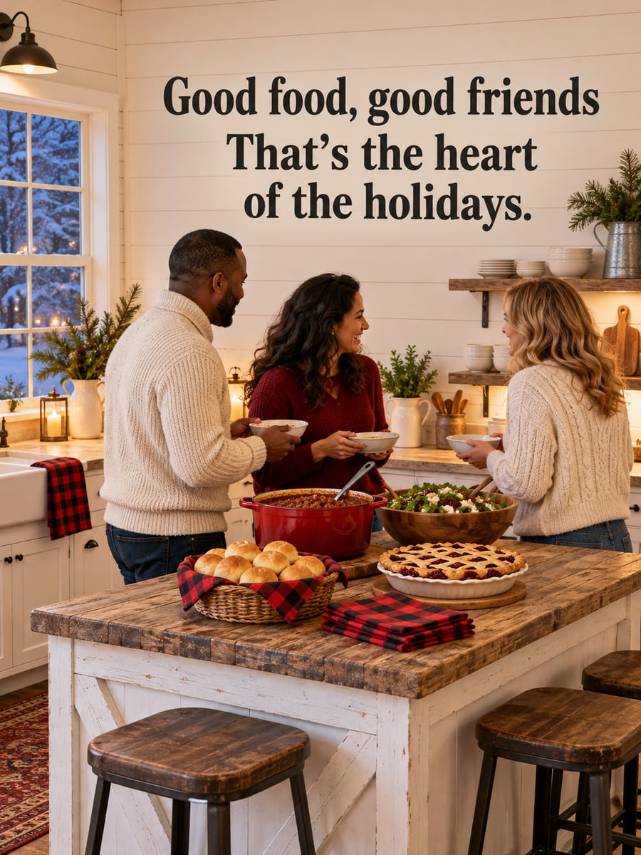 Holiday greeting image: friends, kitchen island, potluck, chili. It says “Good food, good friends” and “That’s the heart of the holidays.”