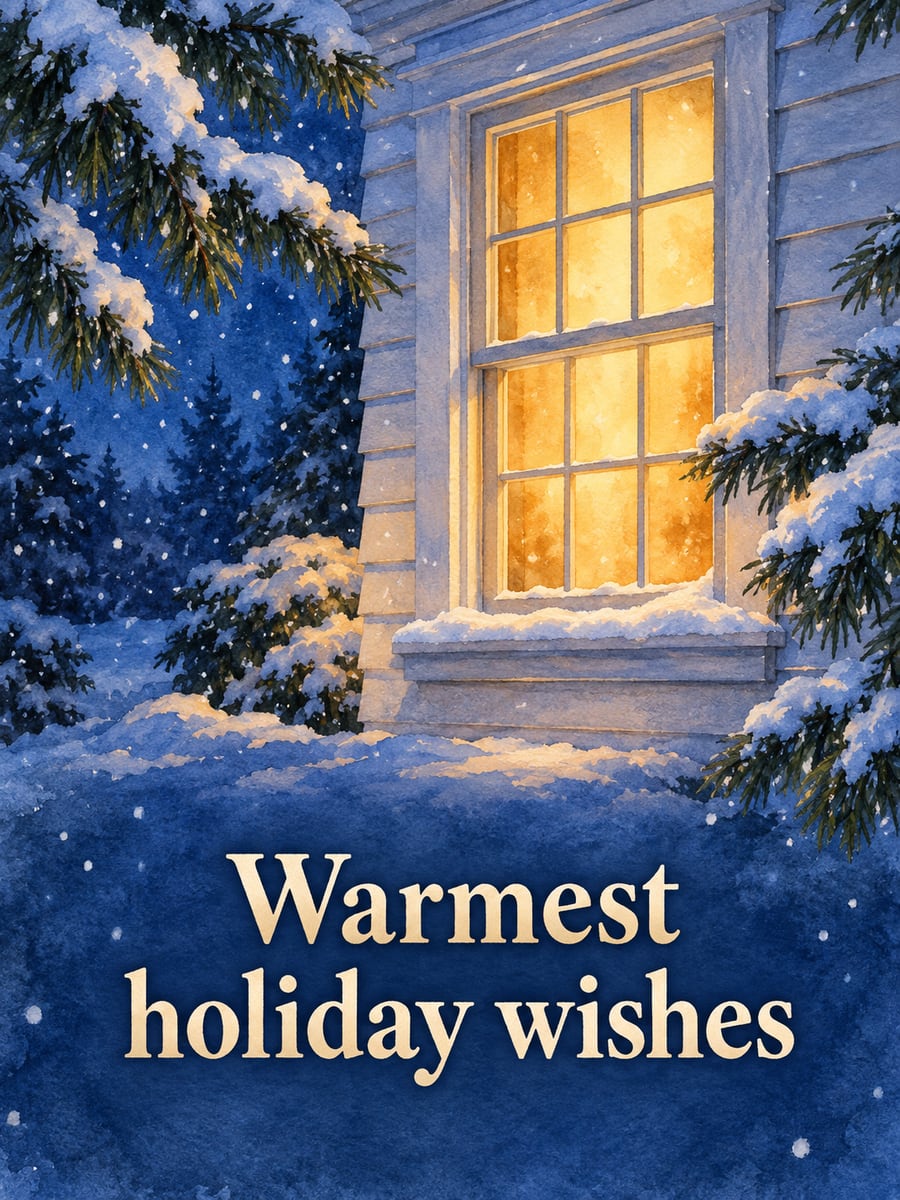 Holiday greeting image: window, house, evergreens, snow. It says “Warmest holiday wishes”