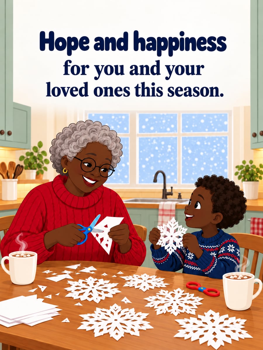 Holiday greeting image: grandmother, grandson, paper snowflakes, kitchen table. It says “Hope and happiness” and “for you and your loved ones this season.”