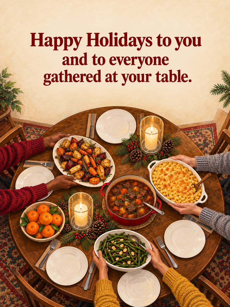 Holiday greeting image: round table, winter dishes, hands, clementines. It says “Happy Holidays to you” and “and to everyone gathered at your table.”