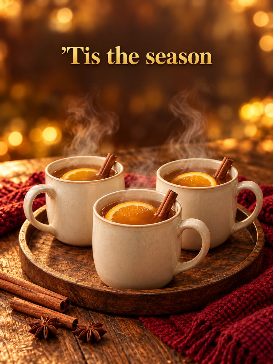 Holiday greeting image: apple cider, mugs, cinnamon sticks, tray. It says “’Tis the season”