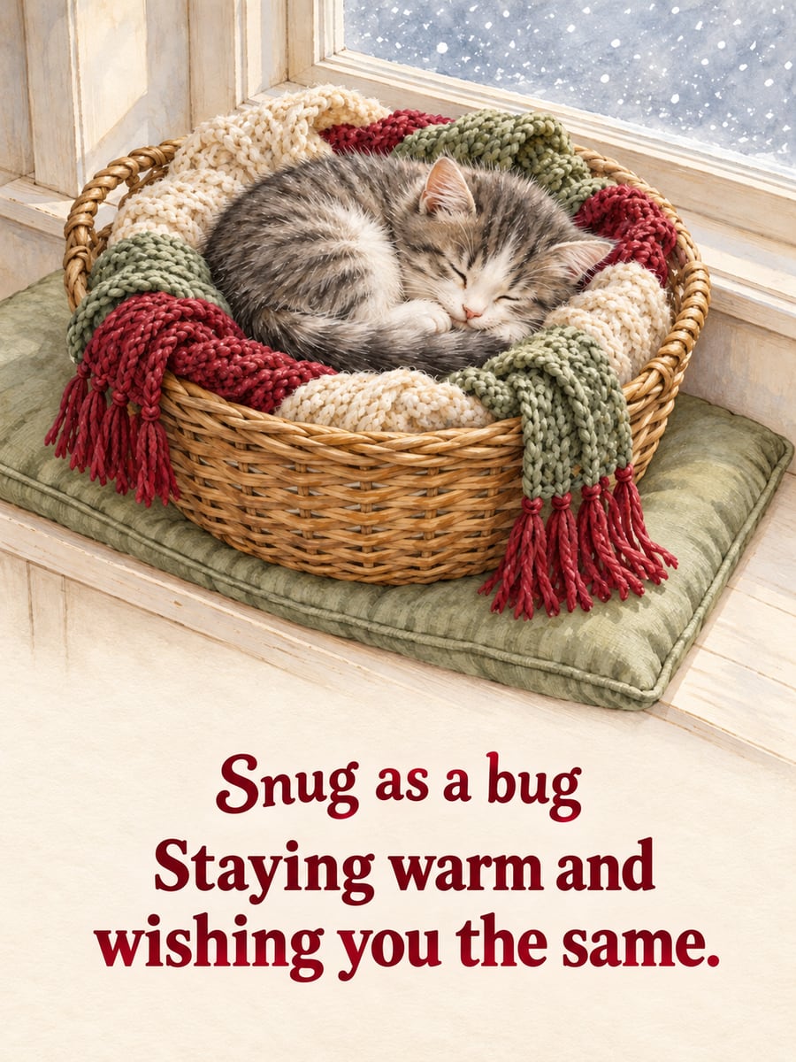 Holiday greeting image: kitten, basket, scarves, window seat. It says “Snug as a bug” and “Staying warm and wishing you the same.”