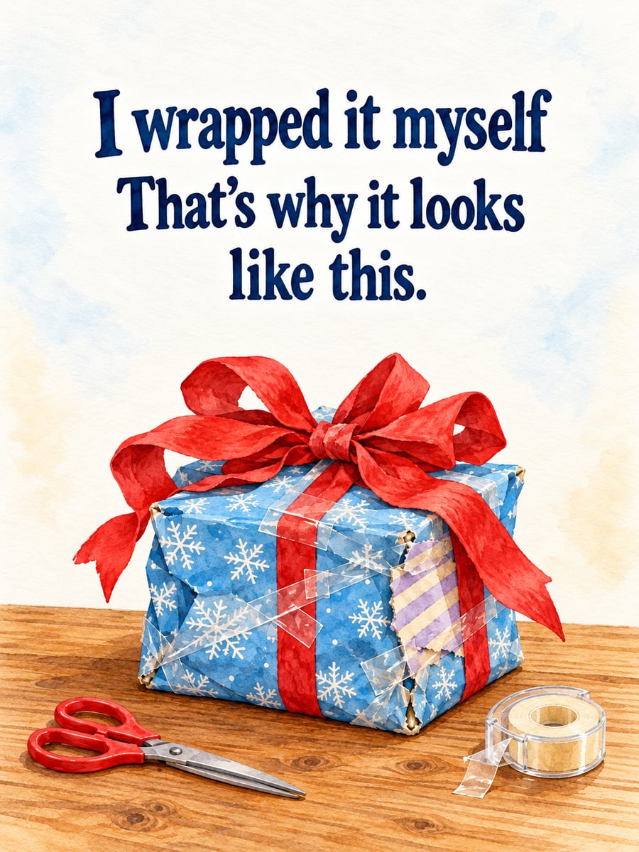 Holiday greeting image: gift, bow, wrapping paper, tape. It says “I wrapped it myself” and “That’s why it looks like this.”