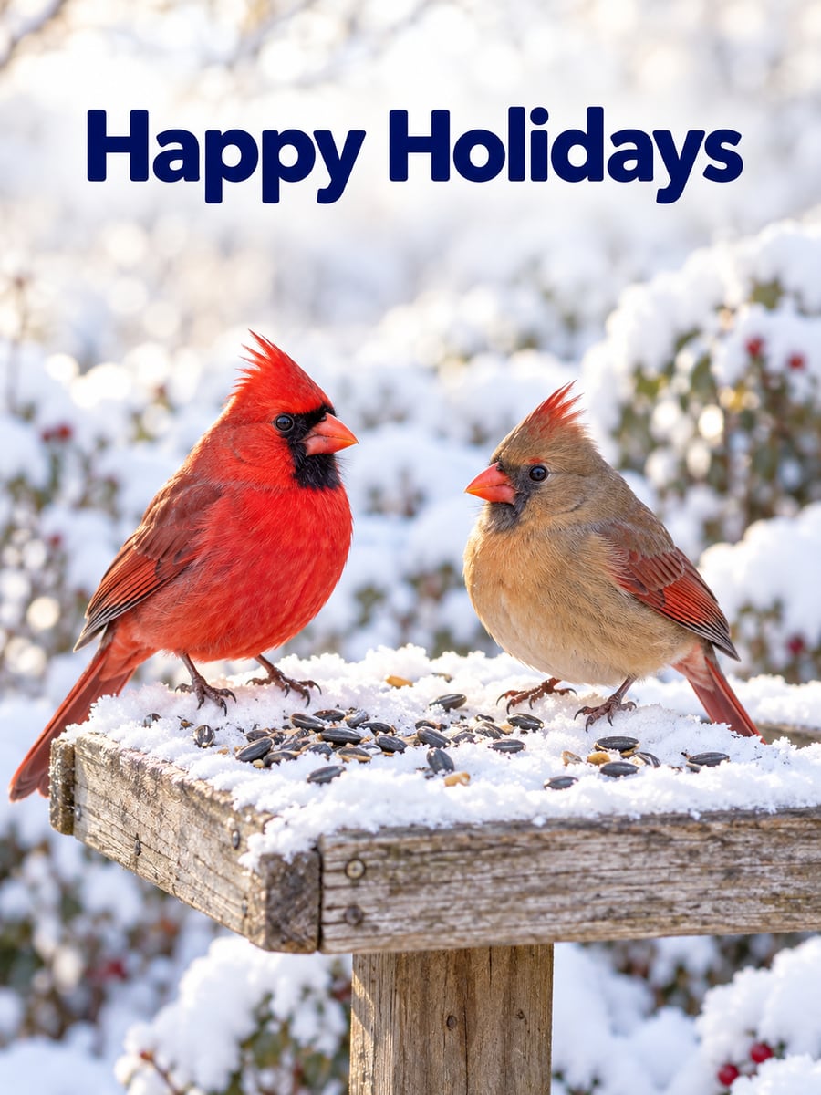 Holiday greeting image: cardinals, bird feeder, snow, backyard. It says “Happy Holidays”