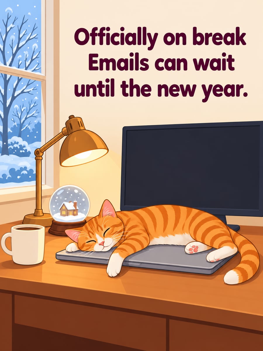 Holiday greeting image: cat, laptop, desk, snow globe. It says “Officially on break” and “Emails can wait until the new year.”