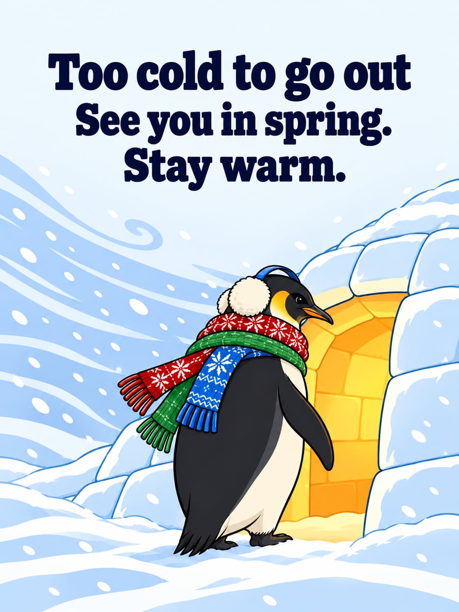Holiday greeting image: penguin, igloo, scarves, blizzard. It says “Too cold to go out” and “See you in spring. Stay warm.”