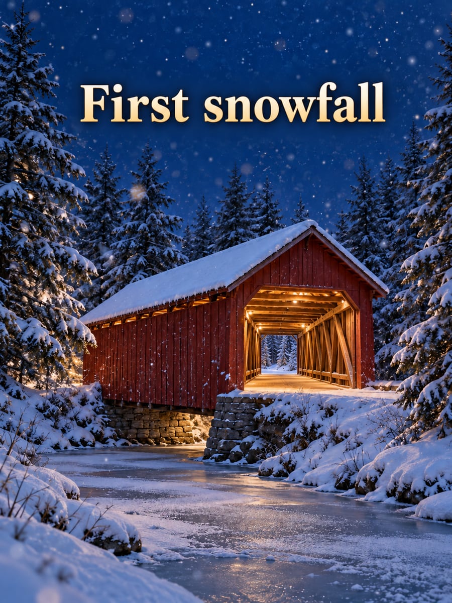 Holiday greeting image: covered bridge, creek, pines, snow. It says “First snowfall”