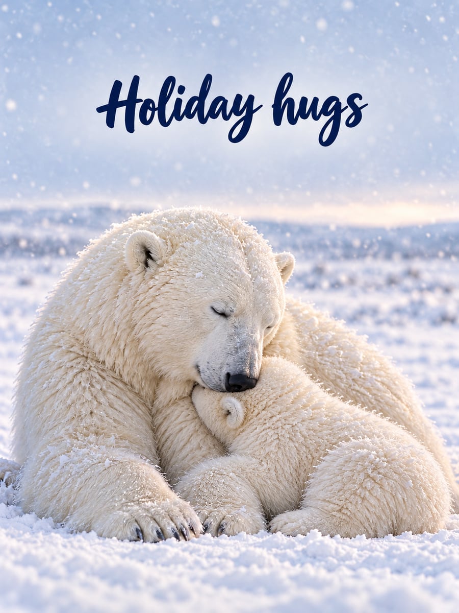 Holiday greeting image: polar bears, snow, cub. It says “Holiday hugs”