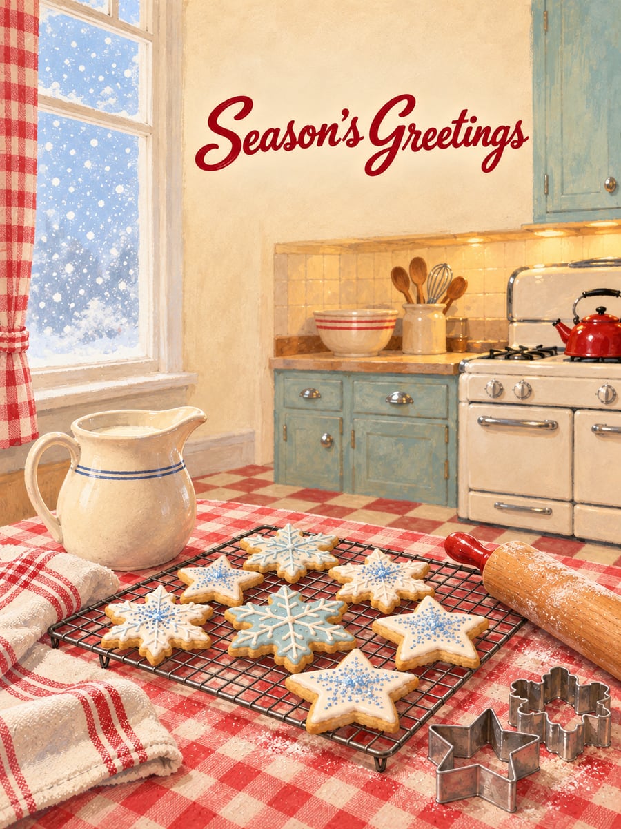 Holiday greeting image: sugar cookies, kitchen, milk jug, gingham. It says “Season’s Greetings”
