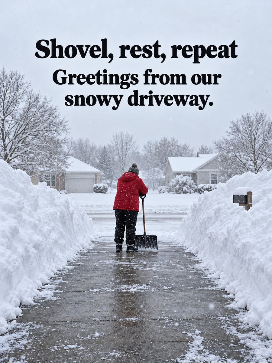 Holiday greeting image: driveway, snow shovel, snowbanks, mailbox. It says “Shovel, rest, repeat” and “Greetings from our snowy driveway.”