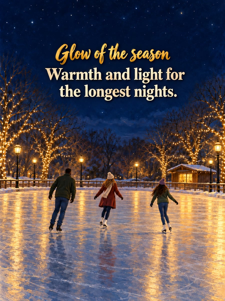 Holiday greeting image: ice rink, skaters, string lights, park. It says “Glow of the season” and “Warmth and light for the longest nights.”
