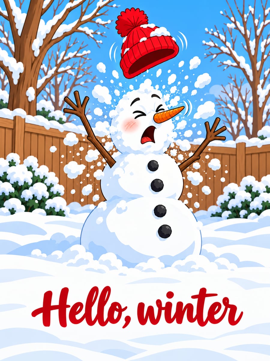 Holiday greeting image: snowman, knit hat, snow, backyard. It says “Hello, winter”