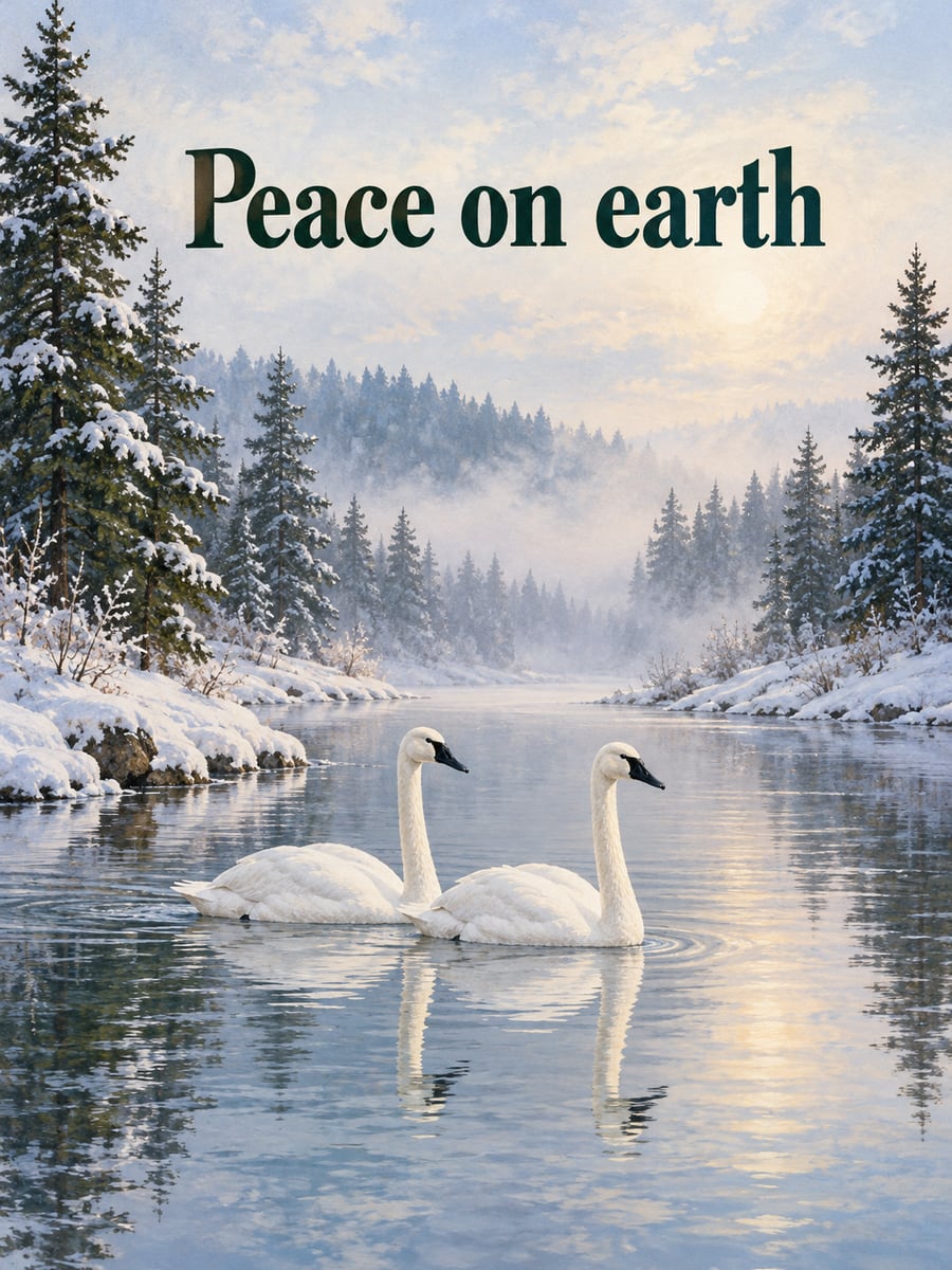 Holiday greeting image: swans, river, mist, evergreens. It says “Peace on earth”