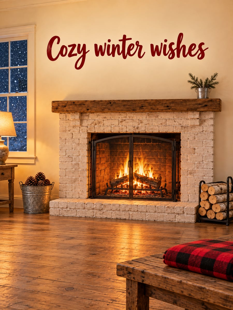 Holiday greeting image: fireplace, birch logs, pine cones, throw. It says “Cozy winter wishes”
