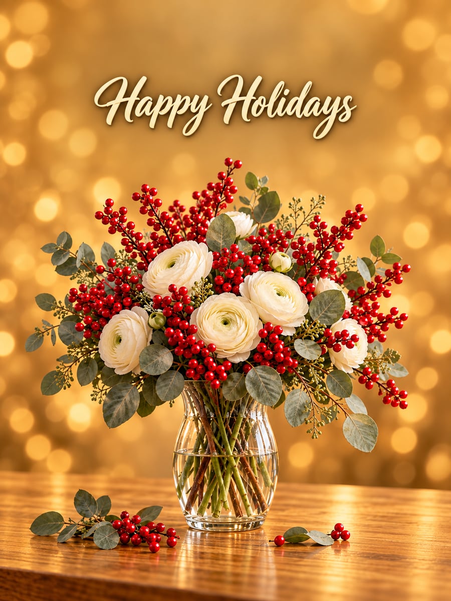 Holiday greeting image: bouquet, winterberry, ranunculus, vase. It says “Happy Holidays”