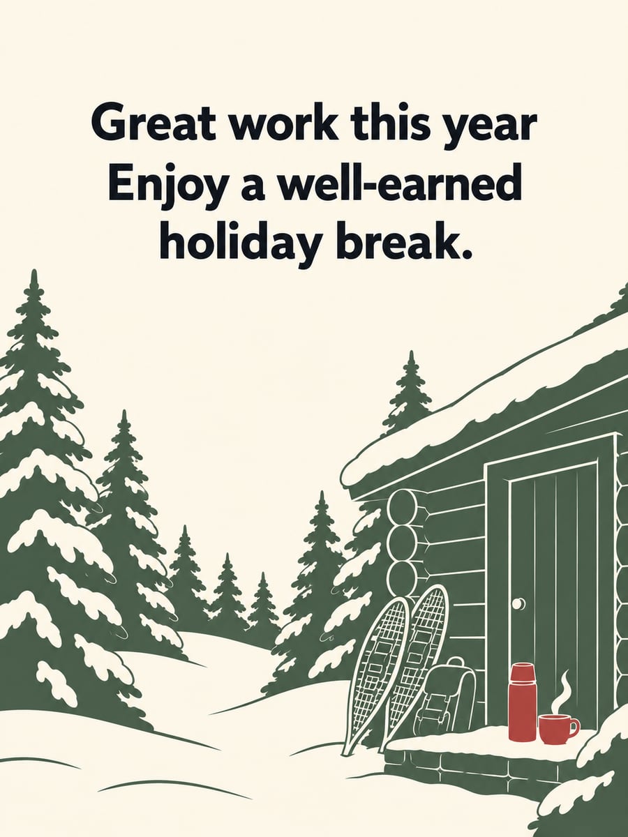 Holiday greeting image: snowshoes, thermos, backpack, cabin door. It says “Great work this year” and “Enjoy a well-earned holiday break.”