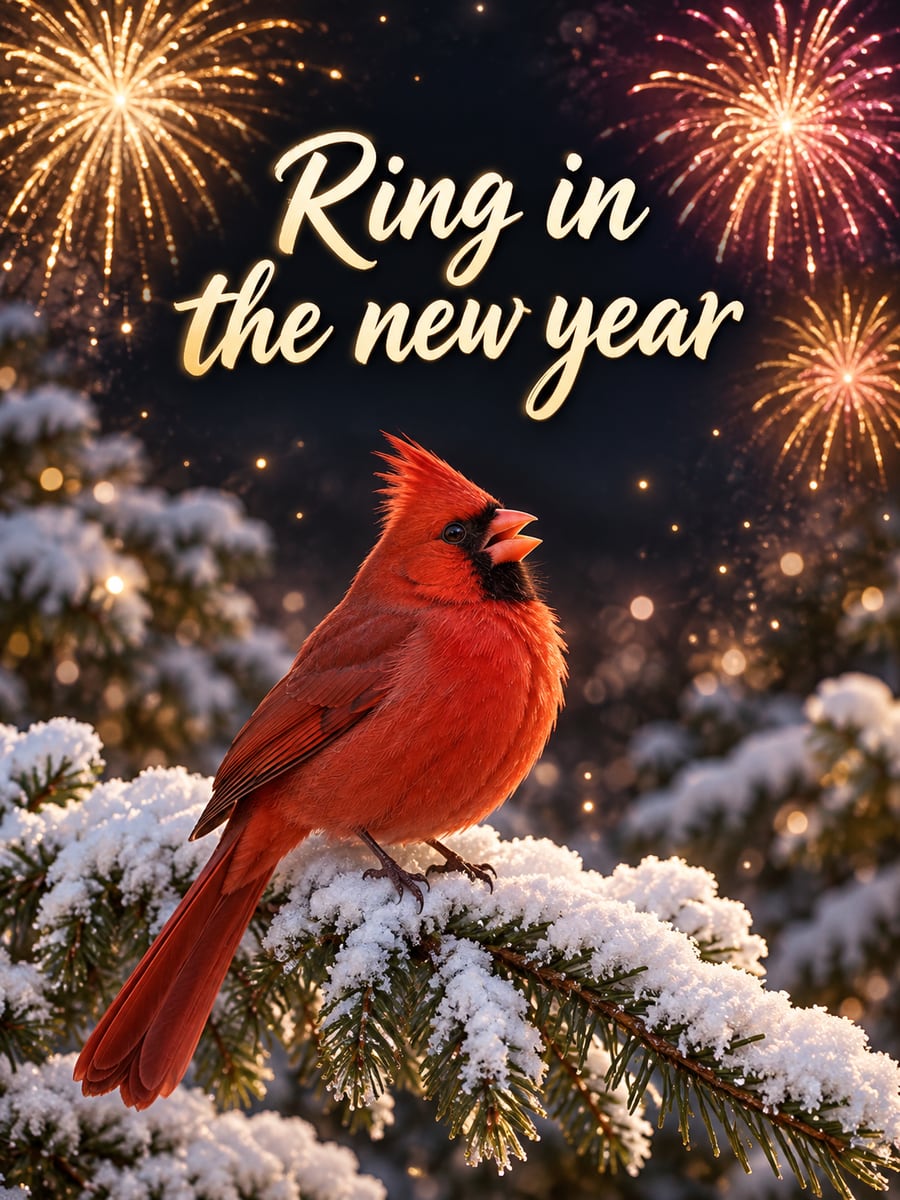 New Year greeting image: cardinal, spruce, snow. It says “Ring in the new year”