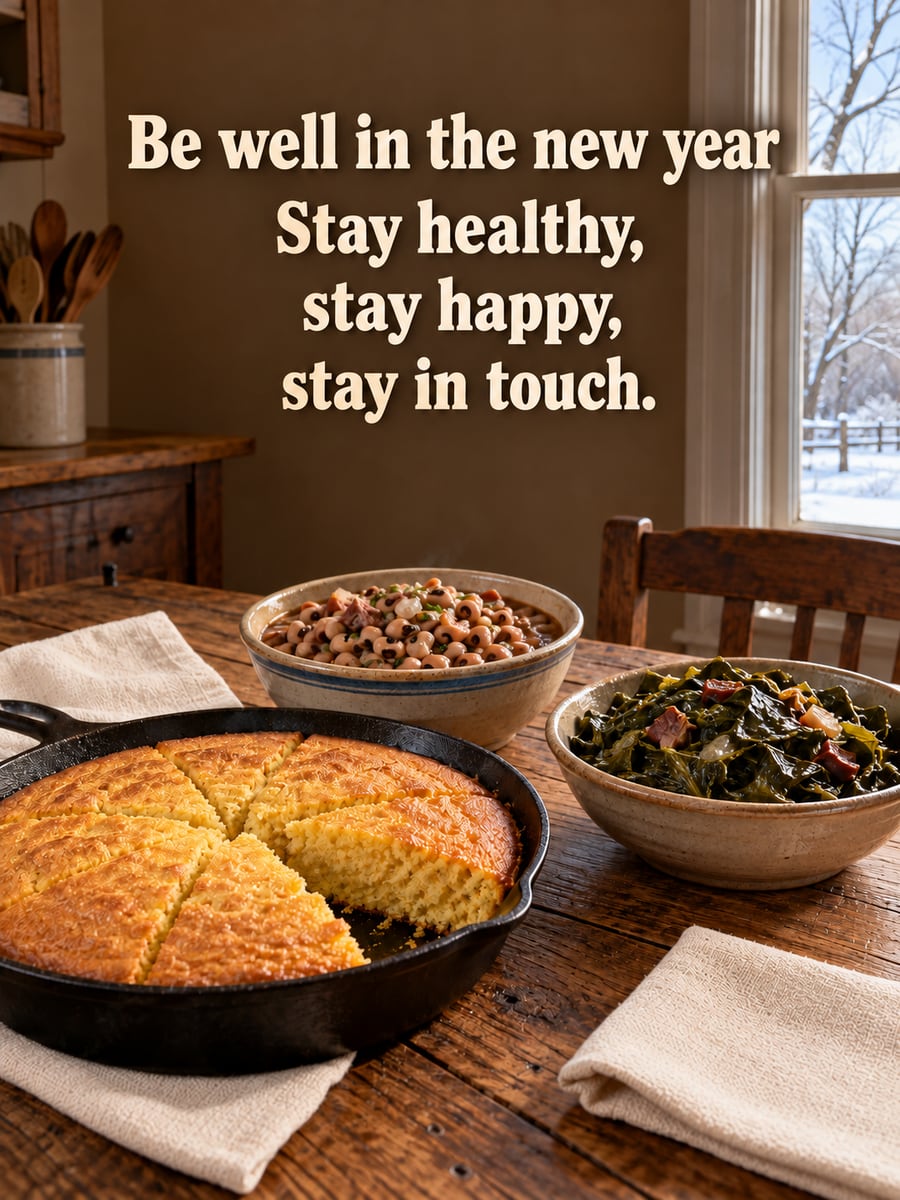 New Year greeting image: cornbread, black eyed peas, collard greens. It says “Be well in the new year” and “Stay healthy, stay happy, stay in touch.”