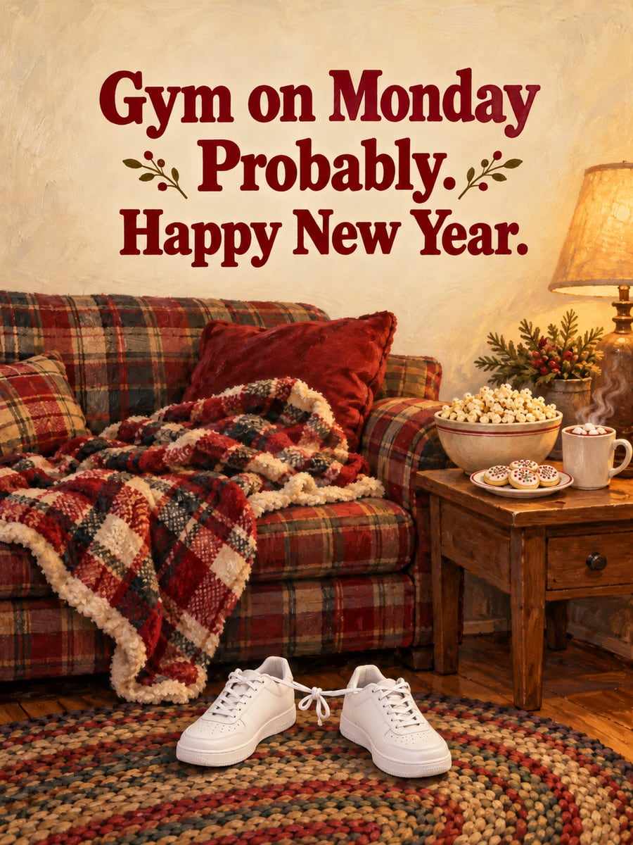 New Year greeting image: couch, popcorn, sneakers, blanket. It says “Gym on Monday” and “Probably. Happy New Year.”