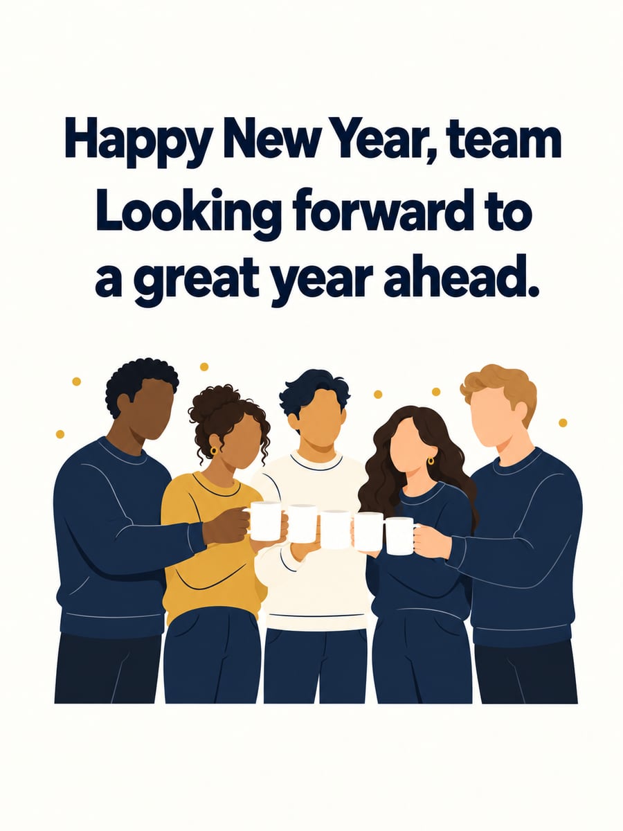 New Year greeting image: coworkers, mugs, confetti. It says “Happy New Year, team” and “Looking forward to a great year ahead.”