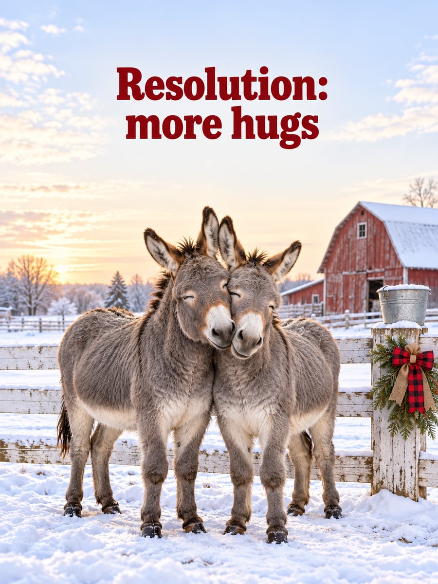 New Year greeting image: donkeys, fence, barn, bucket. It says “Resolution: more hugs”