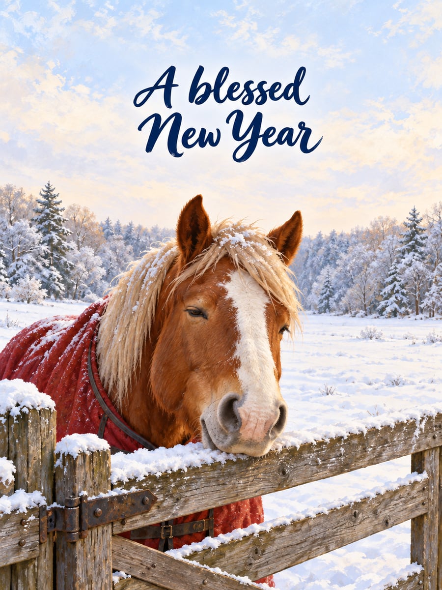 New Year greeting image: horse, farm gate, blanket, snow. It says “A blessed New Year”