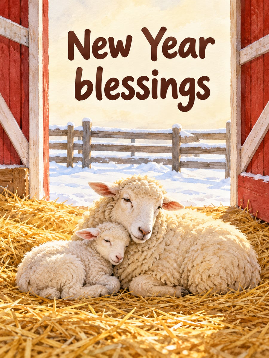 New Year greeting image: ewe, lamb, straw, barn. It says “New Year blessings”