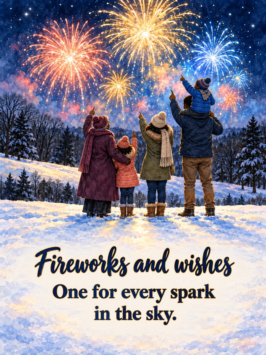 New Year greeting image: family, fireworks, snowy hill. It says “Fireworks and wishes” and “One for every spark in the sky.”
