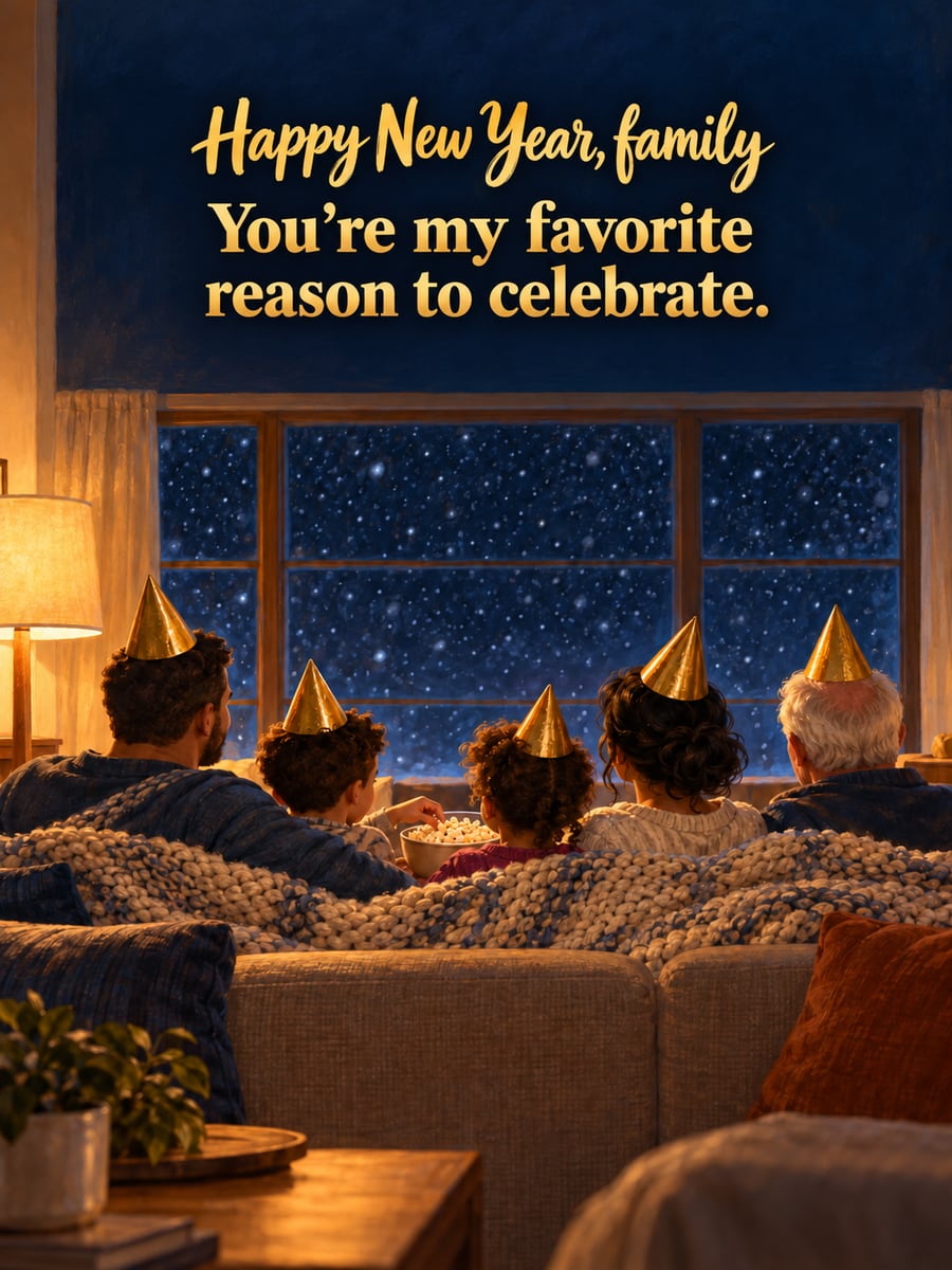 New Year greeting image: family, sofa, party hats. It says “Happy New Year, family” and “You’re my favorite reason to celebrate.”