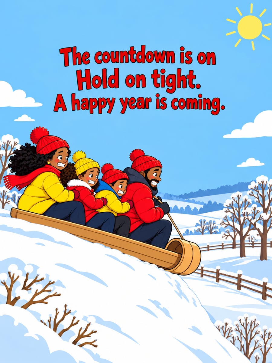 New Year greeting image: family, toboggan, snowy hill. It says “The countdown is on” and “Hold on tight. A happy year is coming.”