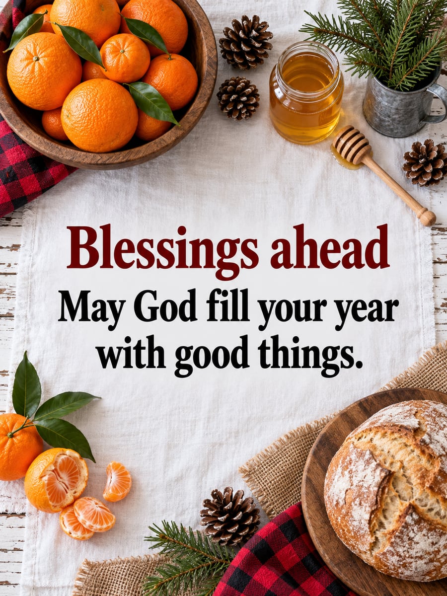 New Year greeting image: oranges, honey, bread, linen. It says “Blessings ahead” and “May God fill your year with good things.”