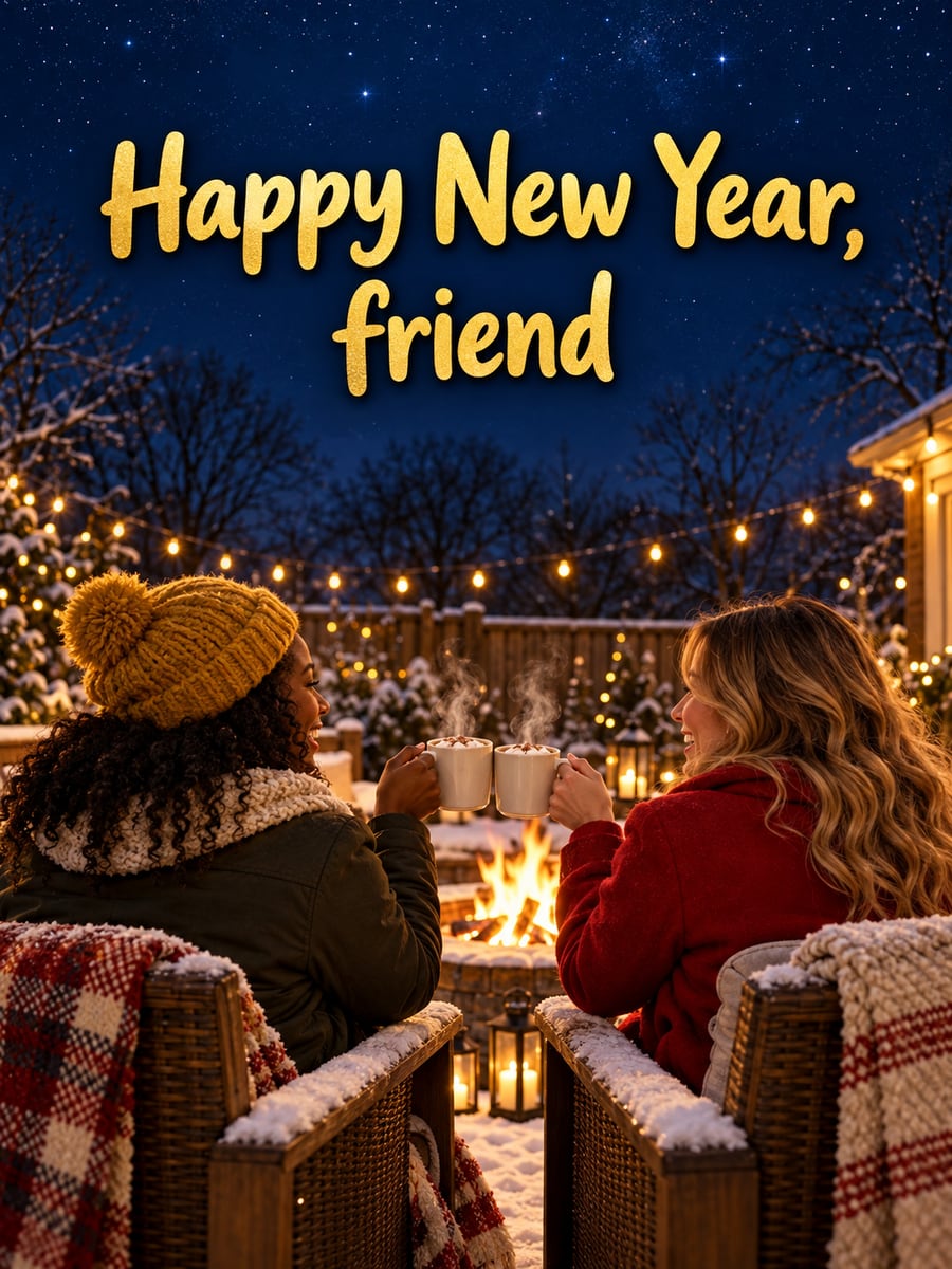 New Year greeting image: friends, string lights, cocoa mugs. It says “Happy New Year, friend”