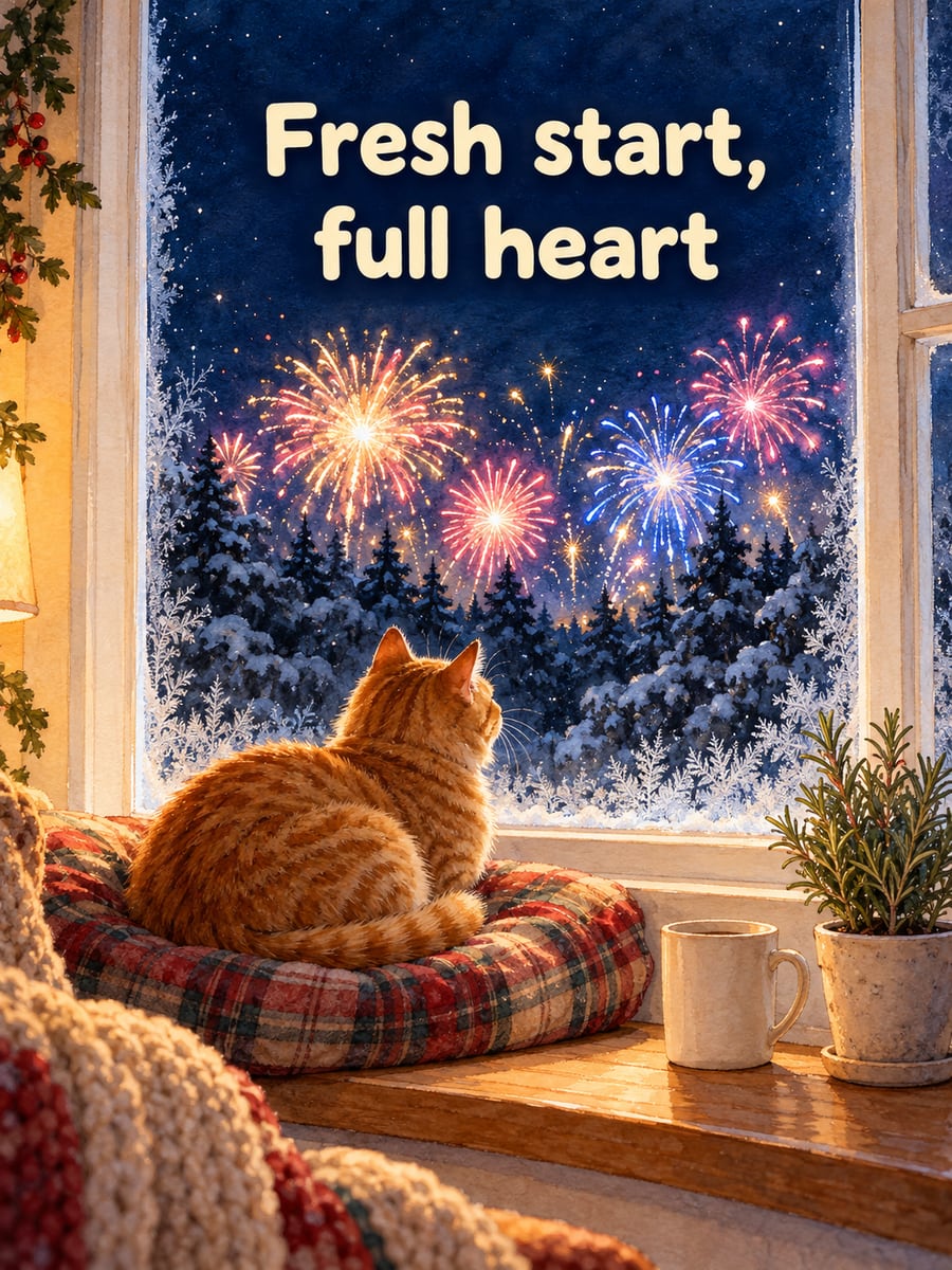 New Year greeting image: cat, windowsill, fireworks. It says “Fresh start, full heart”