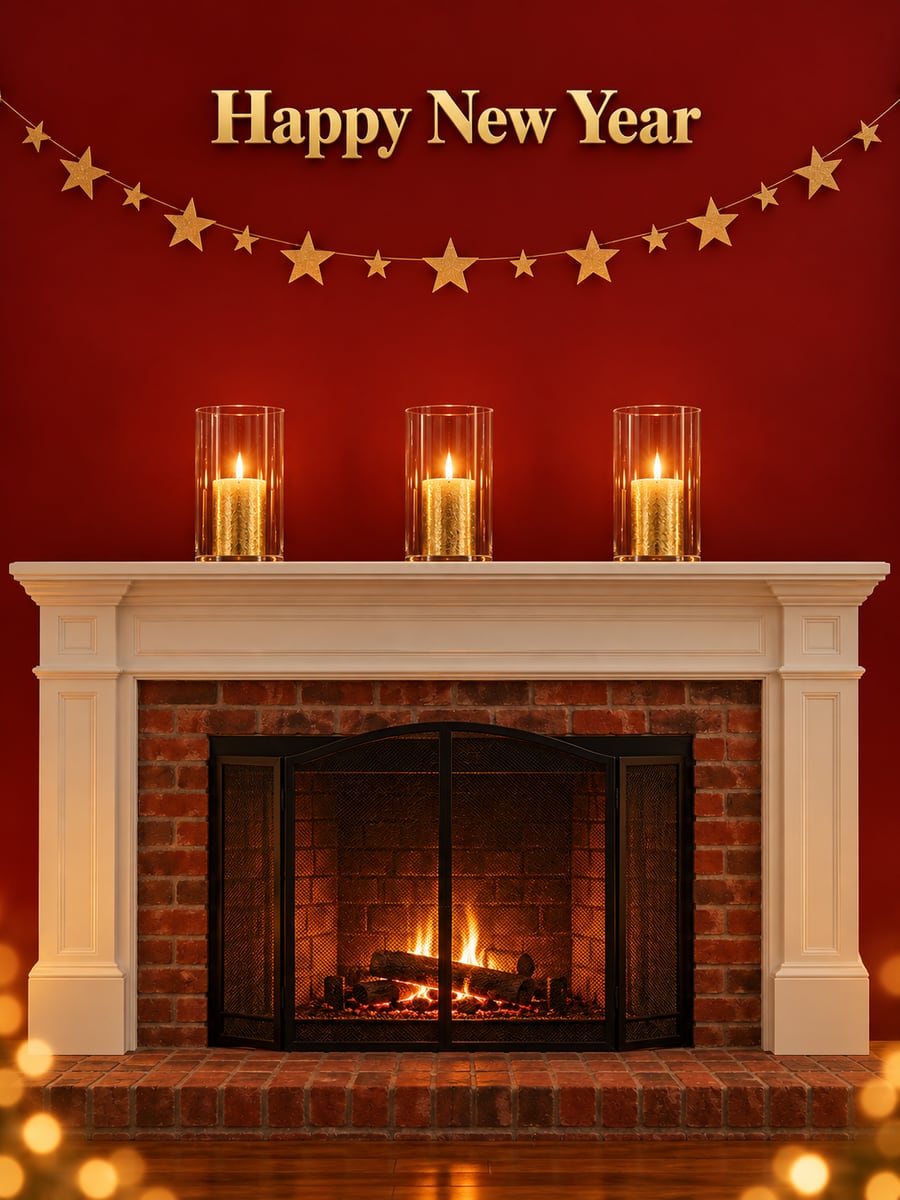 New Year greeting image: fireplace, paper stars, candles. It says “Happy New Year”