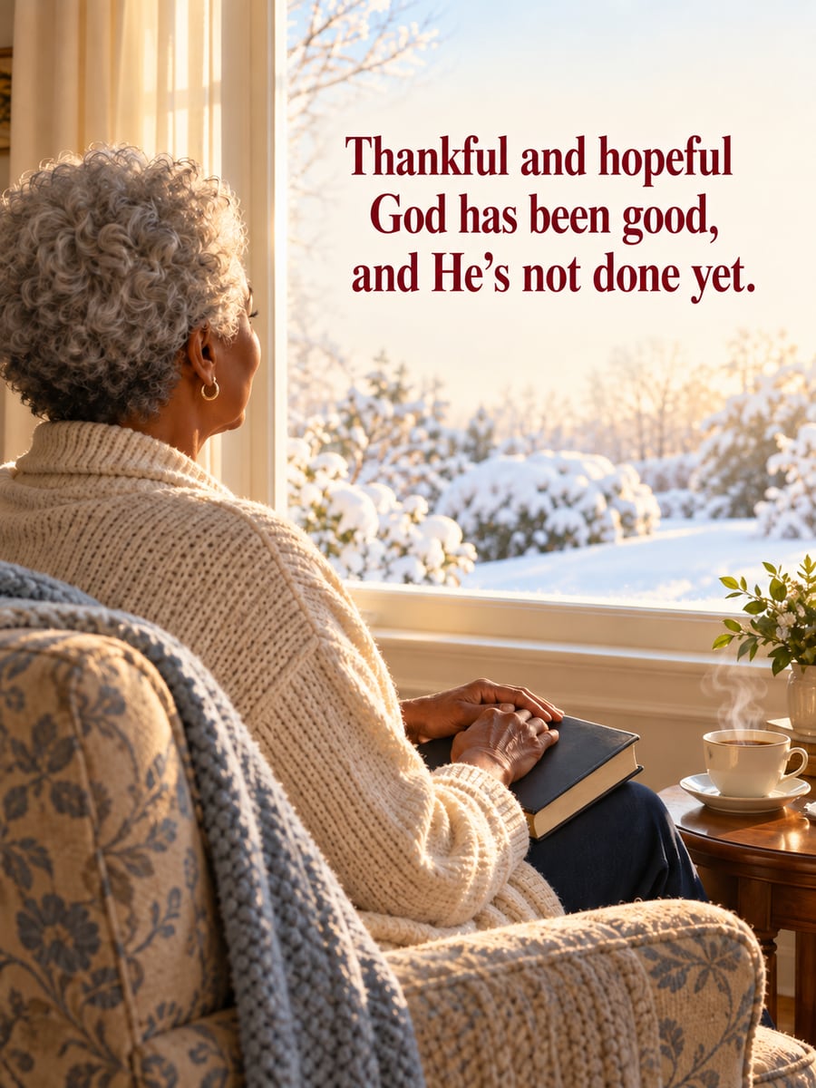 New Year greeting image: woman, armchair, window, tea. It says “Thankful and hopeful” and “God has been good, and He’s not done yet.”