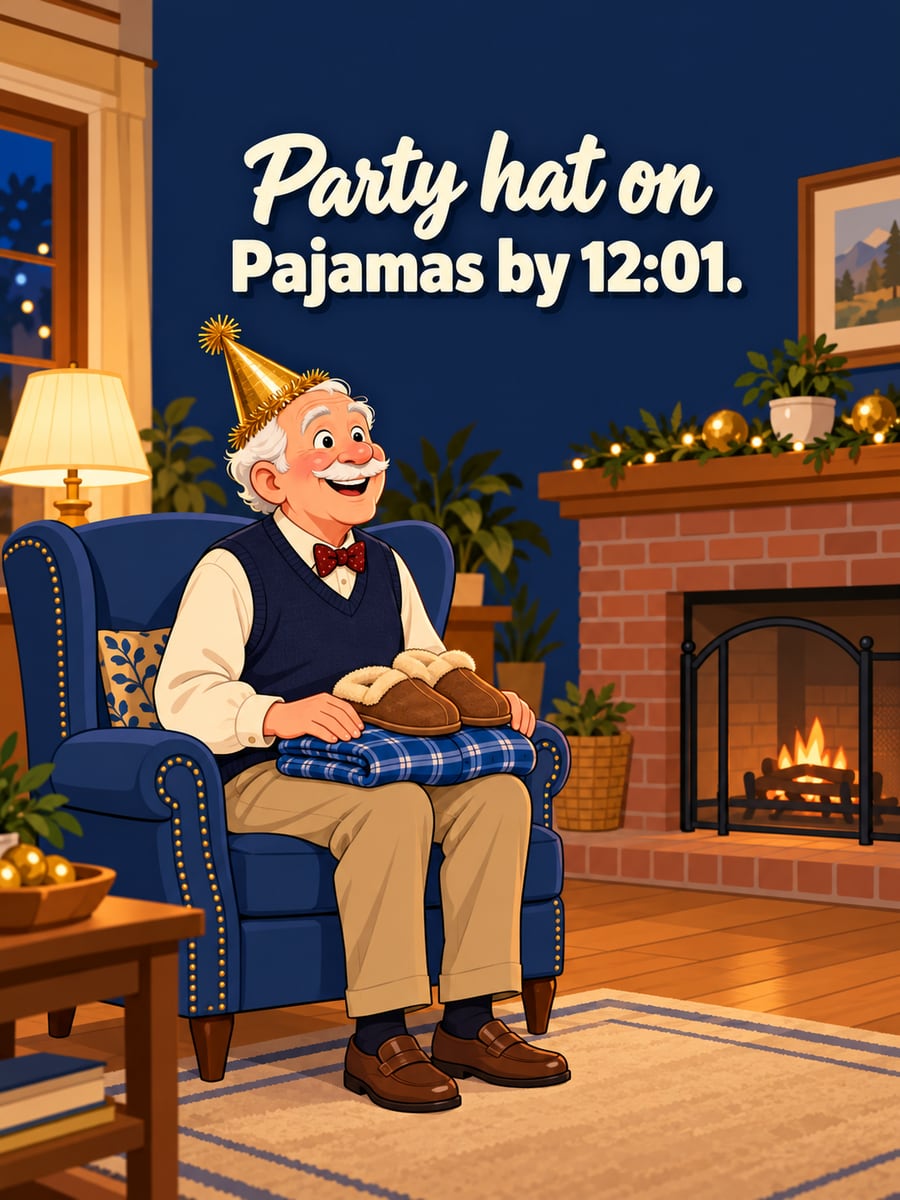 New Year greeting image: grandpa, armchair, party hat, pajamas. It says “Party hat on” and “Pajamas by 12:01.”